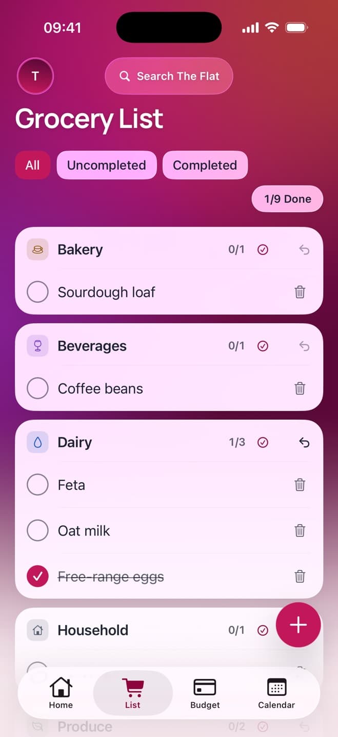 The Flat's shared grocery list, grouped by aisle
