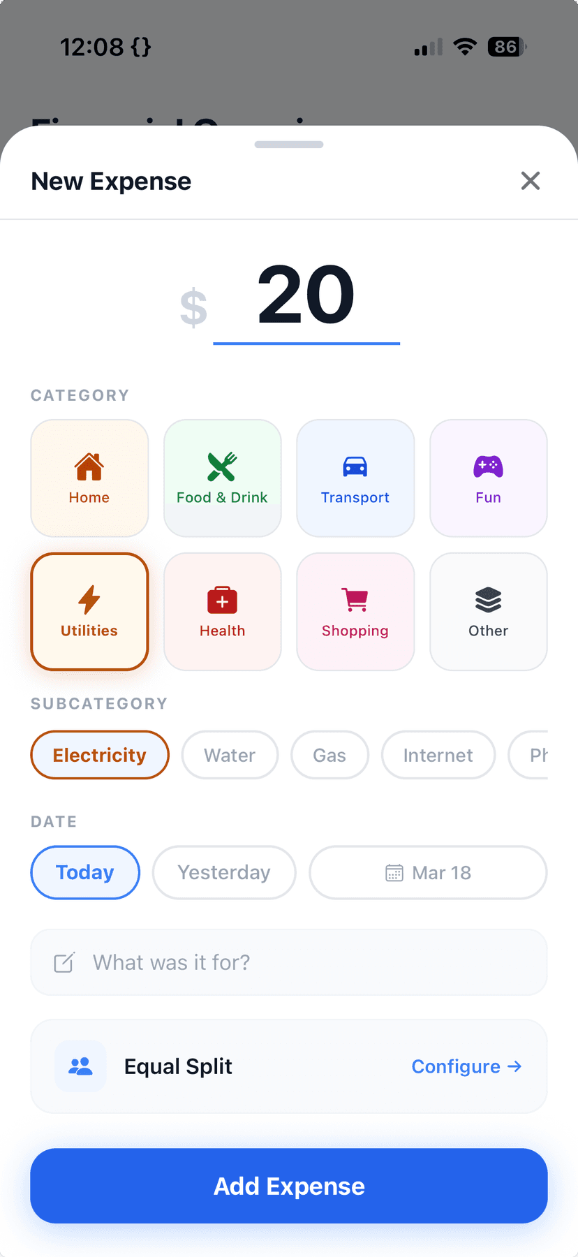 Add expense screen showing roommate bill splitting