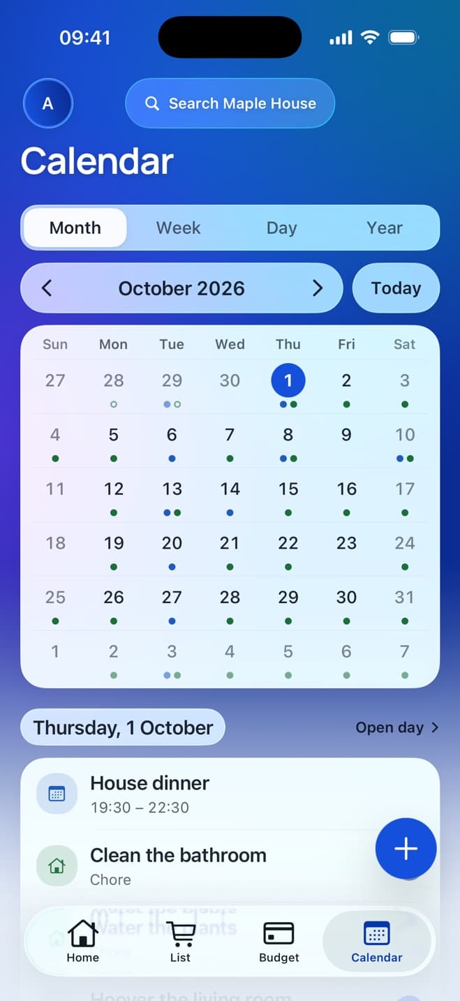 House calendar for October 2026, with a house dinner and cleaning the bathroom on Thursday 1 October