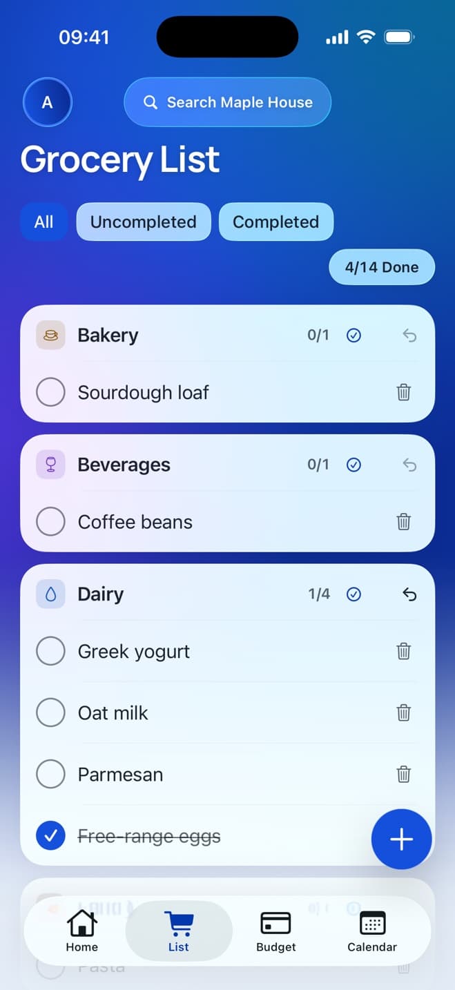Grocery list grouped into bakery, beverages and dairy, with eggs ticked off