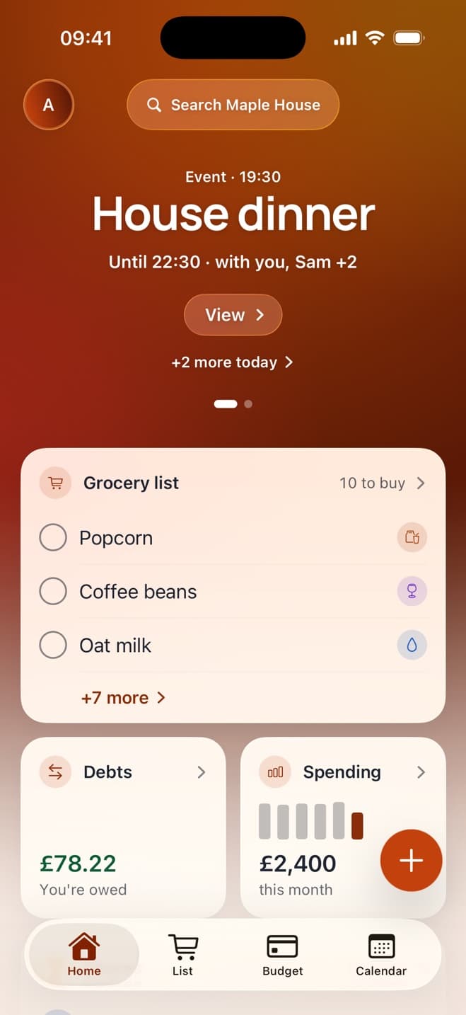 House Plan home screen for Maple House: tonight's house dinner, the grocery list, £78.22 owed to you and £2,400 spent this month